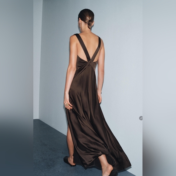 ZARA ZW Satin Splite Long DRESS SIZE L - Picture 3 of 10